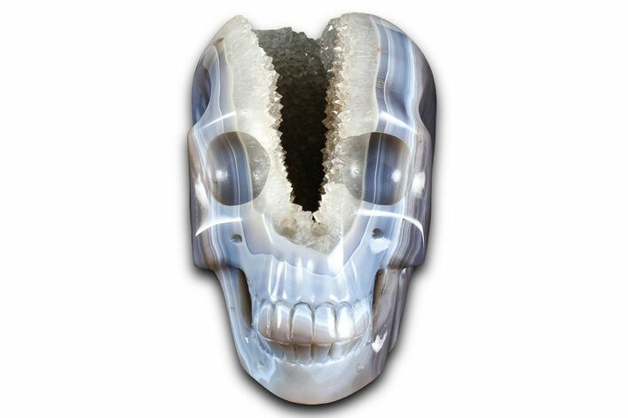 Realistic Polished Banded Agate Skull with Quartz Crystal Pocket #378655